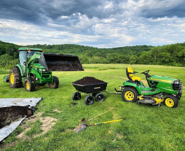 Now that we are working in the garden instead of on it, this combo is working out really well. I bought a gorilla_carts dump cart a while back—it has a handle that can be used for pulling or for towing. Load it up with the johndeere 4066’s bucket and haul it to exactly where it needs to go using the X738 lawn tractor. No, not an ad. I’m just someone with a bunch of stuff to get done to get this place up and running and am very happy to have picked equipment that helps me do that well and quickly. Thanks, robw_martins for your expert guidance. In a few weeks I’ll be swapping out the 4066R’s front hydraulic bushings for ones that will let me attach a small post hole auger to the loader—fence goes up later this month. #tractor #johndeere #johndeere4066r #johndeerex738 #compost #ethergarden #midwest #driftlesswisconsin #n00b